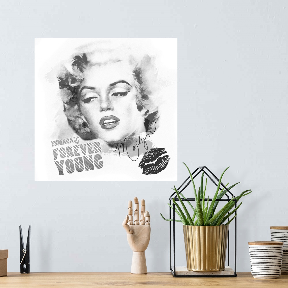 A bohemian room featuring Marilyn Monroe B&W Forever Young