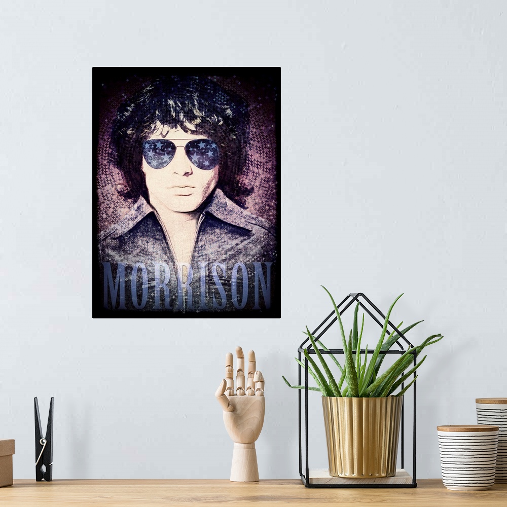 A bohemian room featuring Jim Morrison wearing sunglasses reflecting stars on a psychedelic background with 'Morrison' writ...