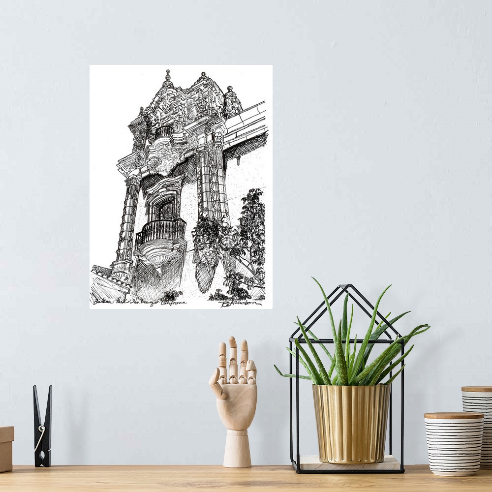 A bohemian room featuring Balboa Park Architecture drawing by RD Riccoboni. Black and white pen and ink drawing of a Tower ...