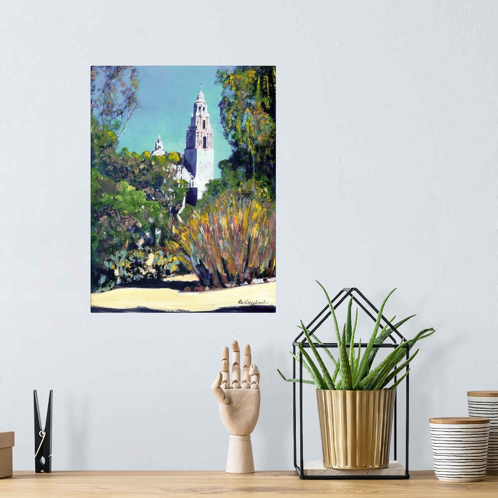 A bohemian room featuring View of California Tower Balboa Park, acrylic painting by RD Riccoboni.  This view includes histo...