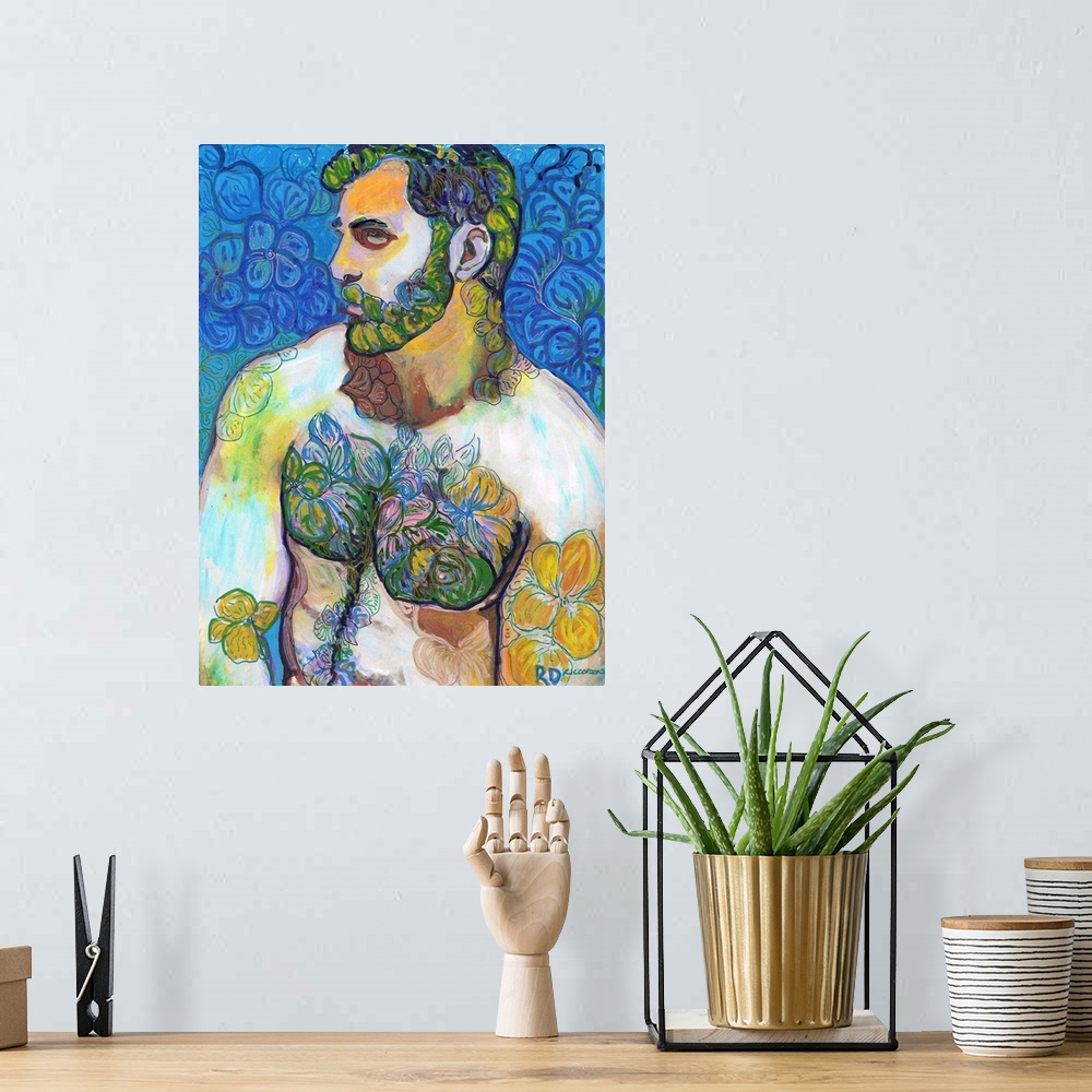 A bohemian room featuring Golden Flower Bear, by RD Riccoboni. Handsome sexy man painting with surreal Green Beard Flowers.