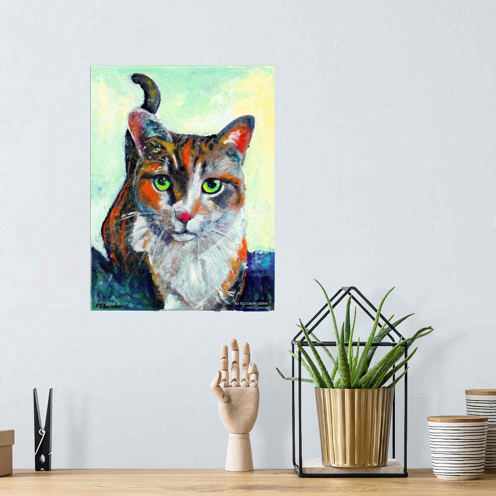 A bohemian room featuring Hello There, Cat Portrait of Kate by RD Riccoboni, A calico tabby. A calico cat is not a breed of...