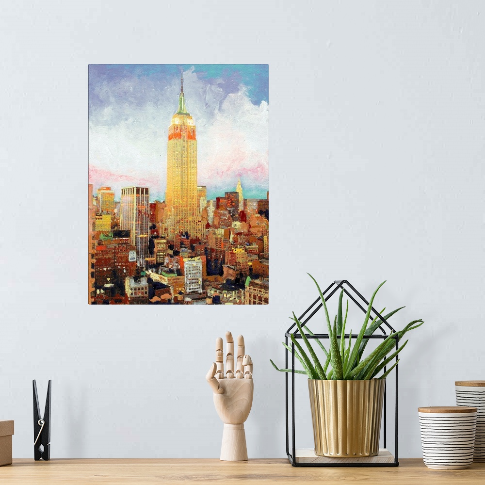 A bohemian room featuring Empire State Building in the morning as the skyline comes to life in the day time colors from nig...