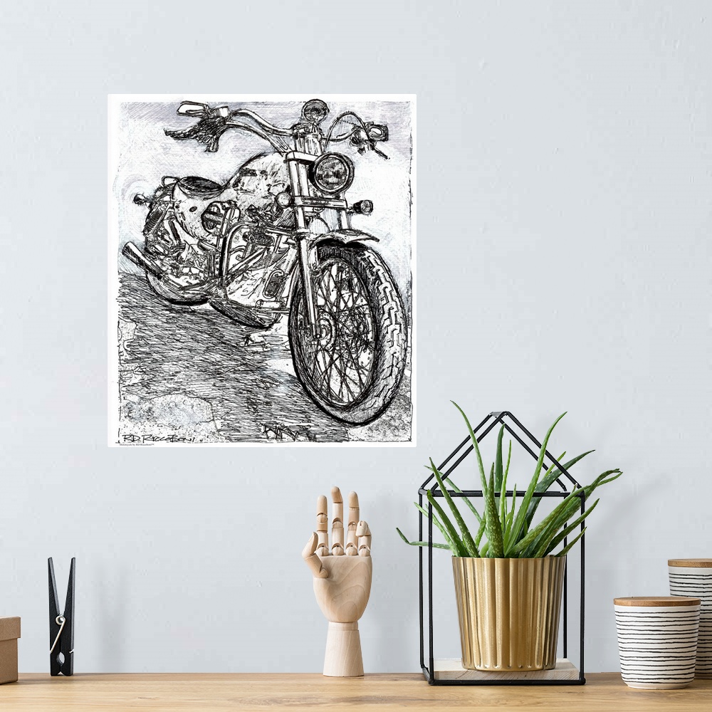 A bohemian room featuring Pen and ink drawing, motorcycle by RD Riccoboni.