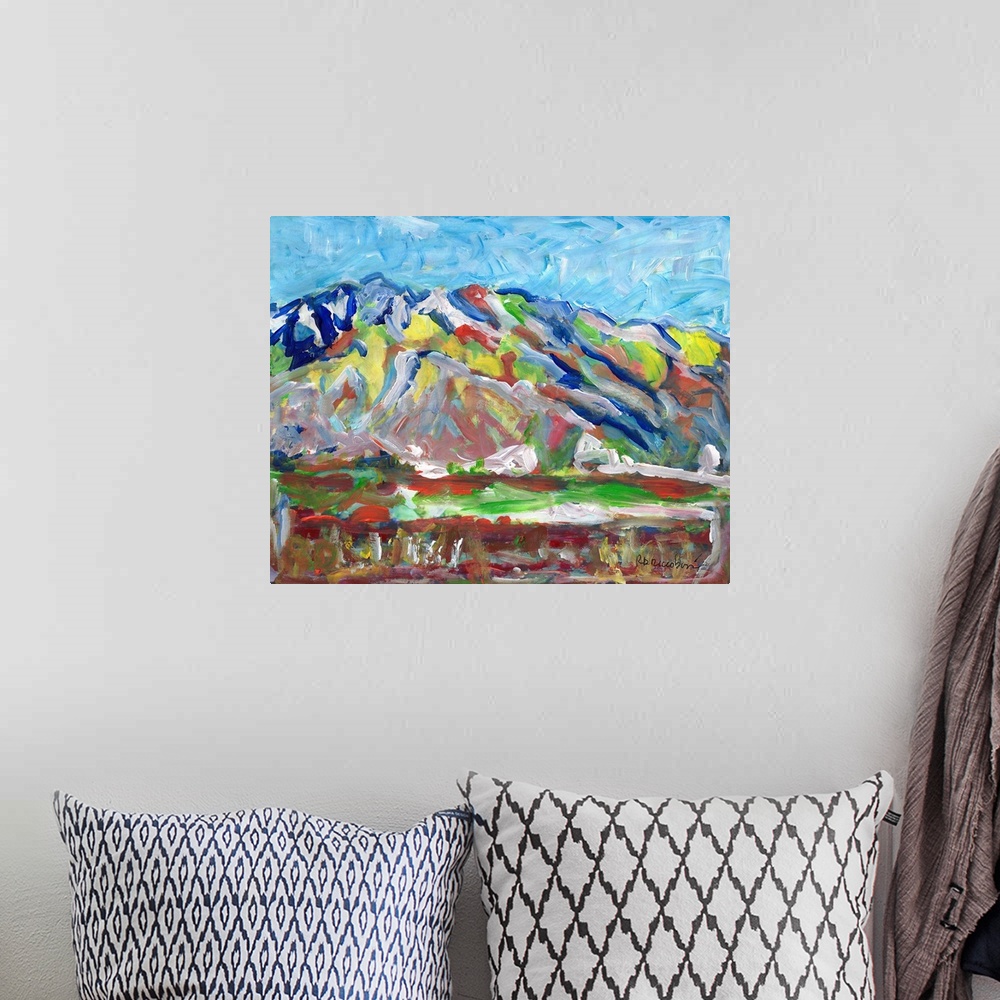 A bohemian room featuring Palm Springs California Mt San Jacinto Spring Snow Abstract painting by RD Riccoboni