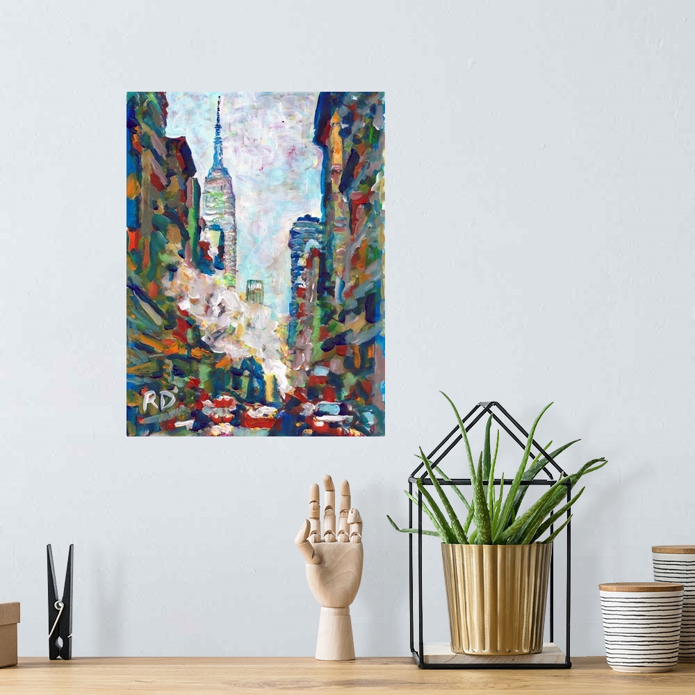 A bohemian room featuring NYC, Winter Steam on Fifth Avenue with Empire State Building by RD Riccoboni, Abstract painting o...