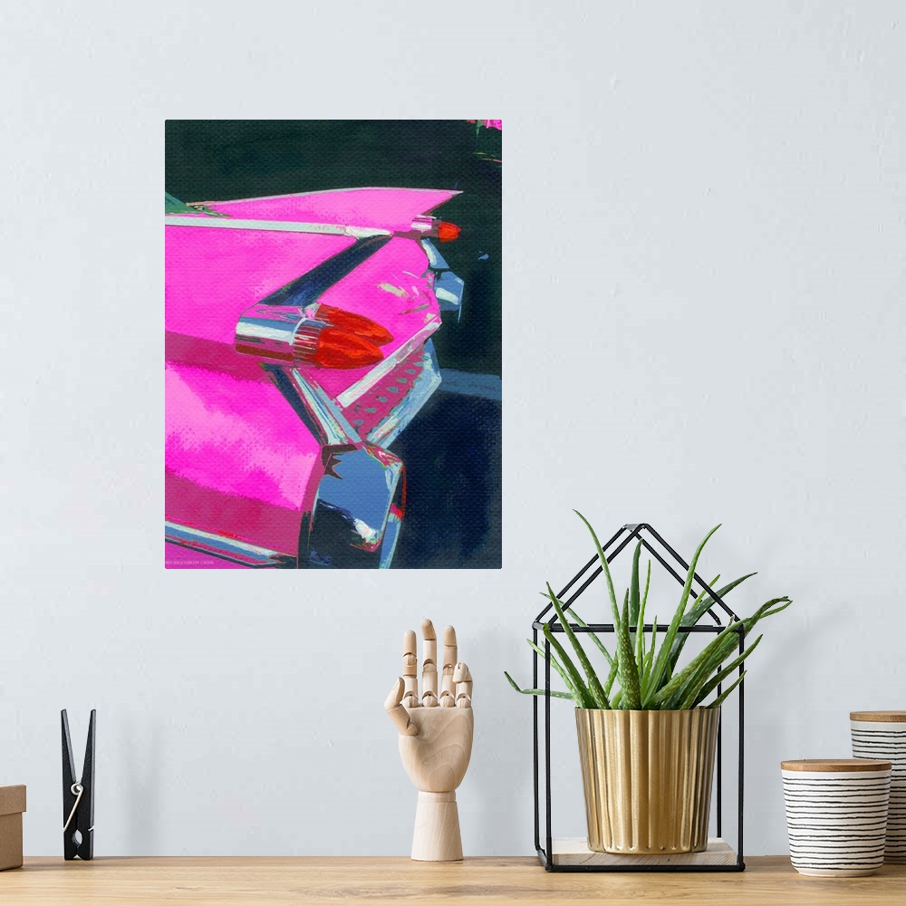 A bohemian room featuring Pink-Fin Painting by RD Randy Riccoboni.  An Automotive portrait of a Cadillac in bright Pink off...