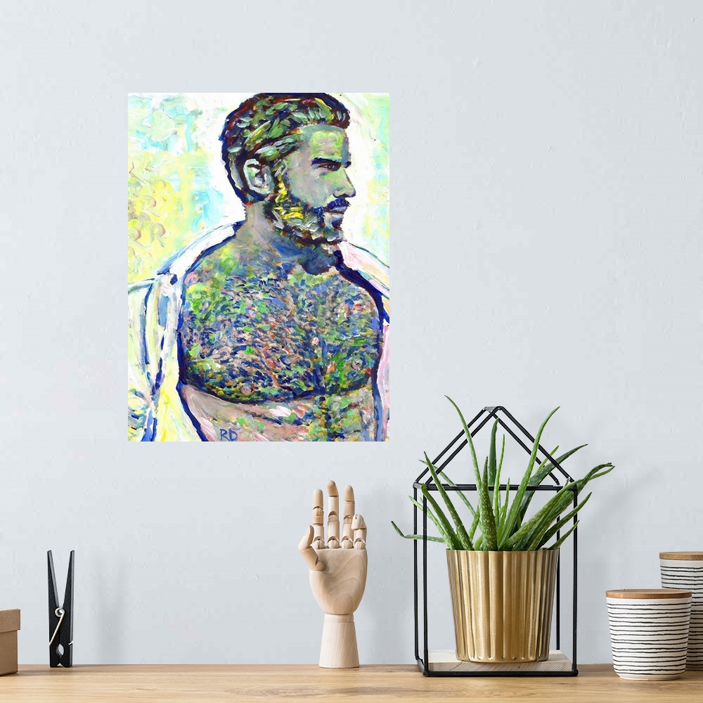 A bohemian room featuring Platinum Man sexy male nude portrait by RD Riccoboni in greens, grey, silver and blue.