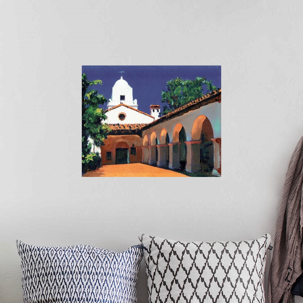 A bohemian room featuring The Courtyard and arches of Junipero Serra Museum, in Presidio Park, painted by RD Riccoboni. One...