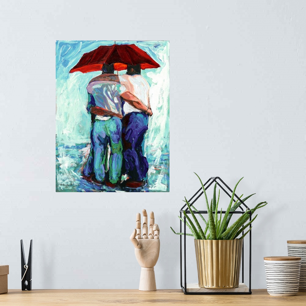 A bohemian room featuring Contemporary painting of three friends seeking shelter underneath a red umbrella.