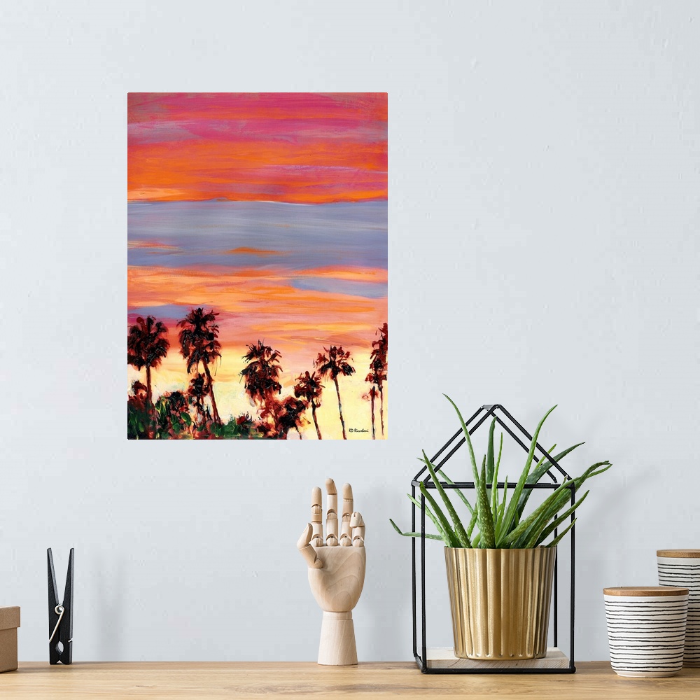 A bohemian room featuring Silver Sunset San Diego by RD Riccoboni. Palm trees set against a vivid pink silver yellow and or...