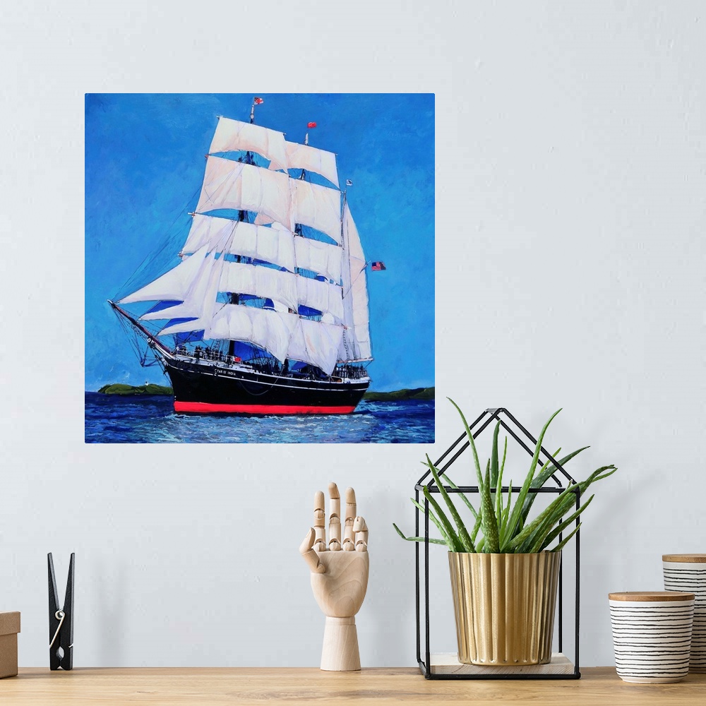 A bohemian room featuring Historic Star of India sailing in San Diego Bay. The tall ship in the bay with Point Loma in the ...