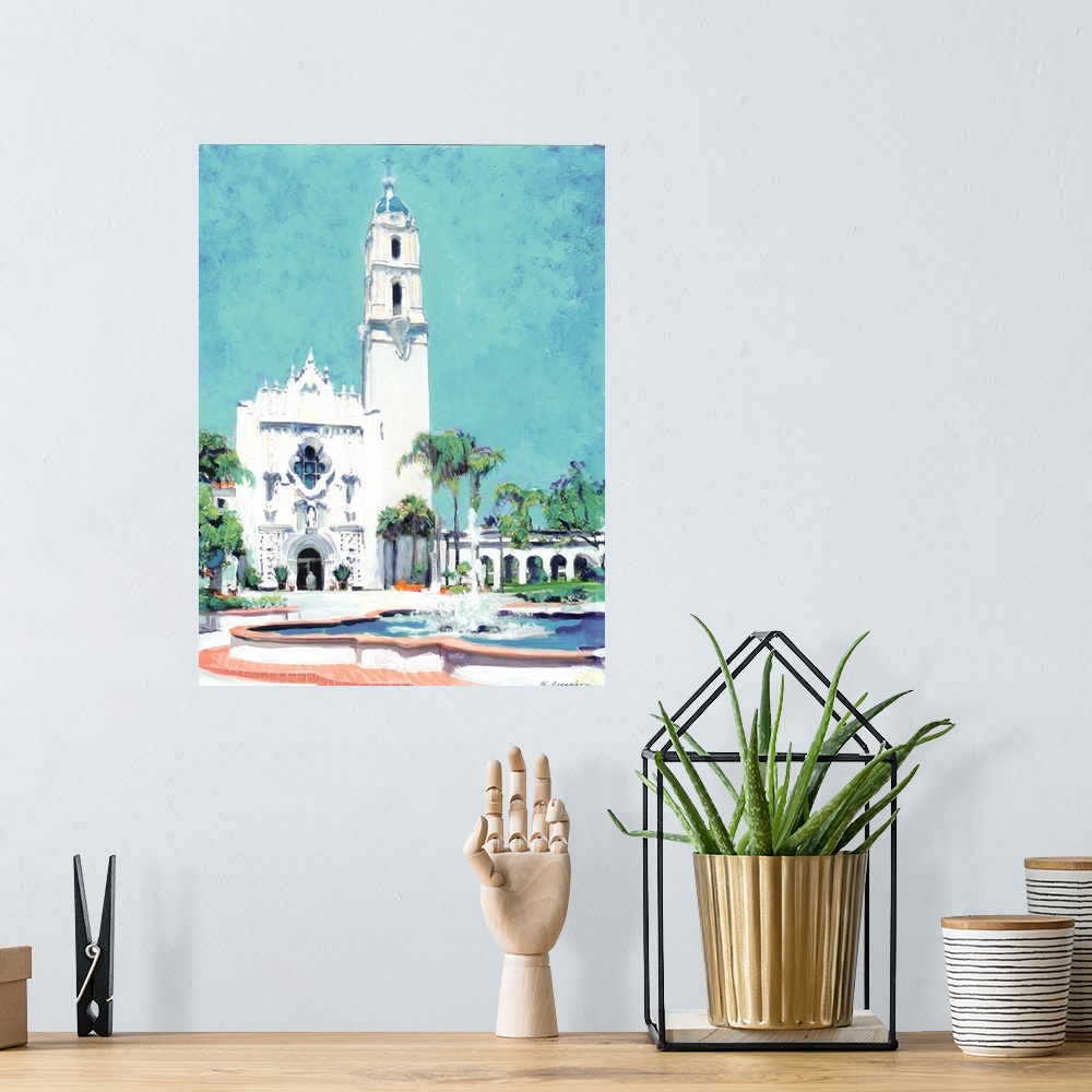 A bohemian room featuring The Immaculata Chapel USD, University San Diego, California, painting by the California artist RD...