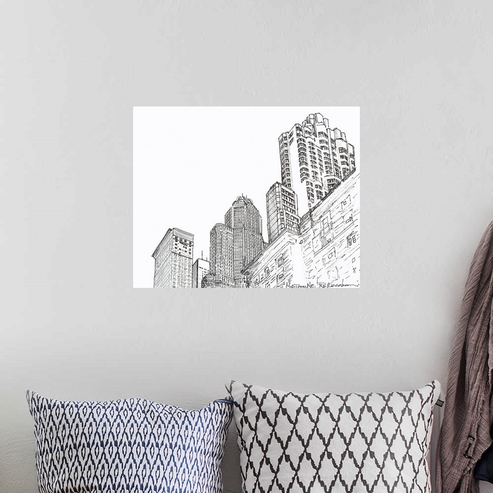 A bohemian room featuring Three Towers Midtown Manhattan, pen and ink drawing by RD Riccoboni. Skyscaper lined avenue in Ne...