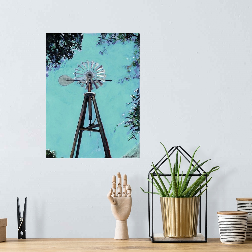 A bohemian room featuring Contemporary painting of a windmill in Old Town San Diego.