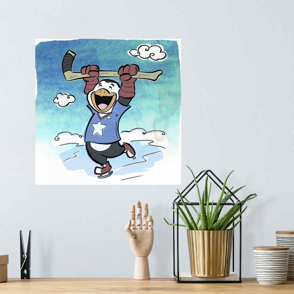 A bohemian room featuring Fun cartoon artwork of a penguin cheering while playing hockey.