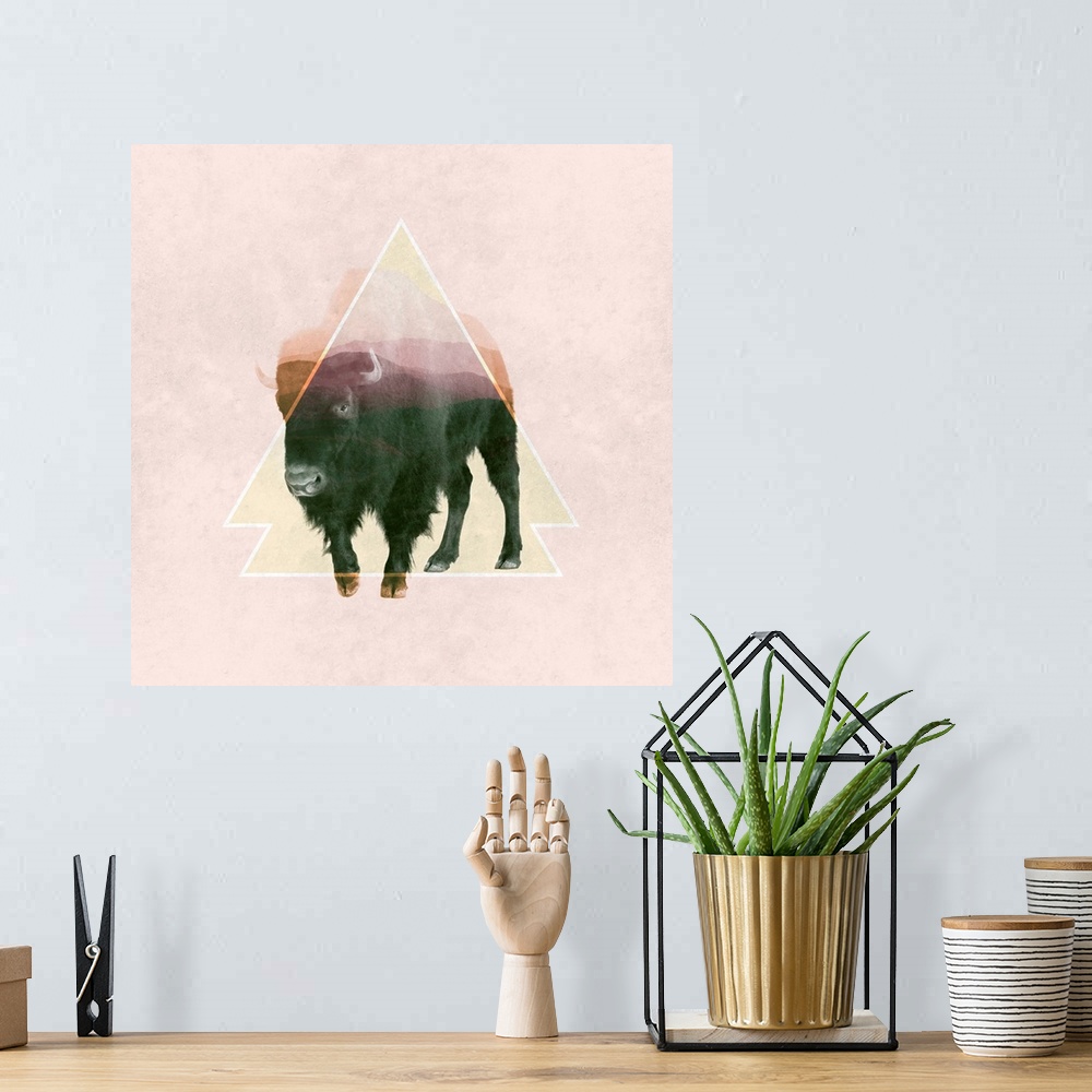 A bohemian room featuring Double exposure artwork of a large bison and triangular shapes.