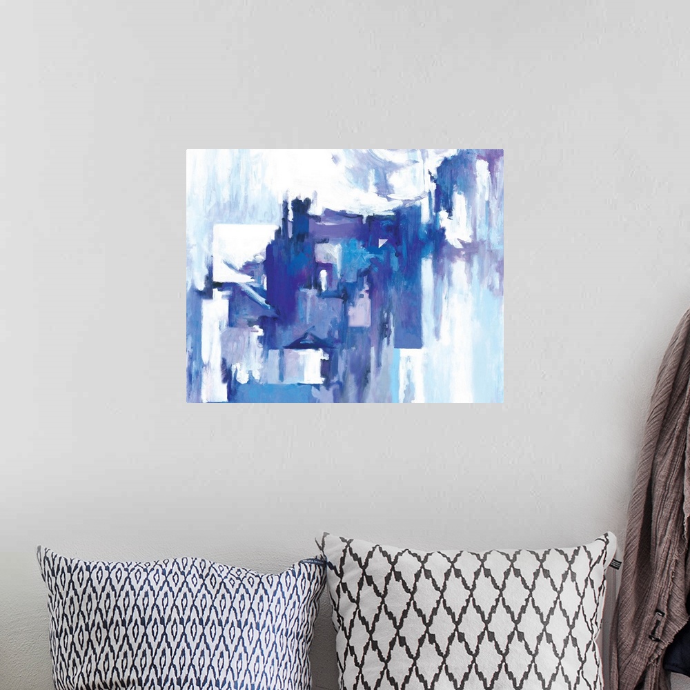 A bohemian room featuring Contemporary abstract art with angular shapes in blue and lavender shades.