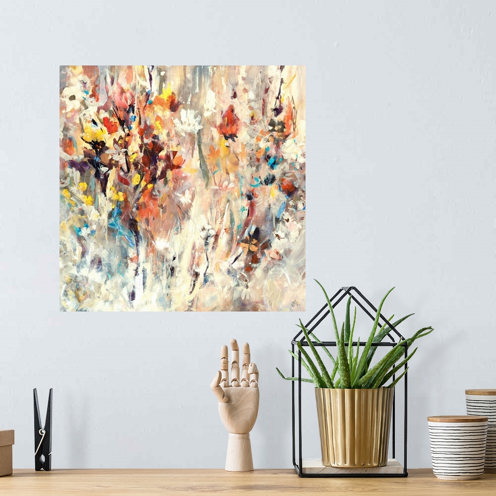 A bohemian room featuring Contemporary painting of many bright flowers, seemingly jumping from the beige background, full o...