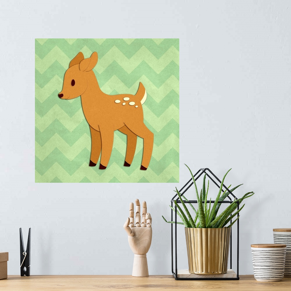 A bohemian room featuring A cute fawn with the appearance of cutout paper on a light green chevron-patterned background.