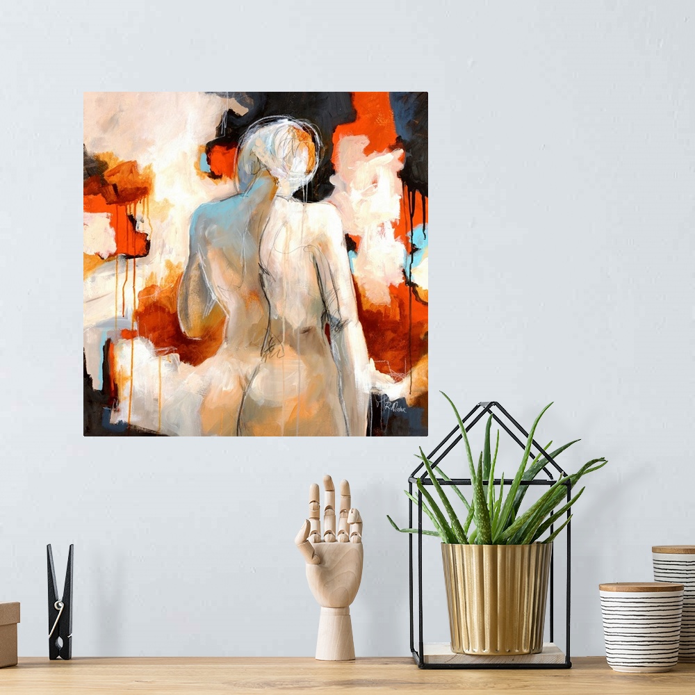 A bohemian room featuring Giant contemporary art shows a profile from behind of a nude woman standing in front of backgroun...
