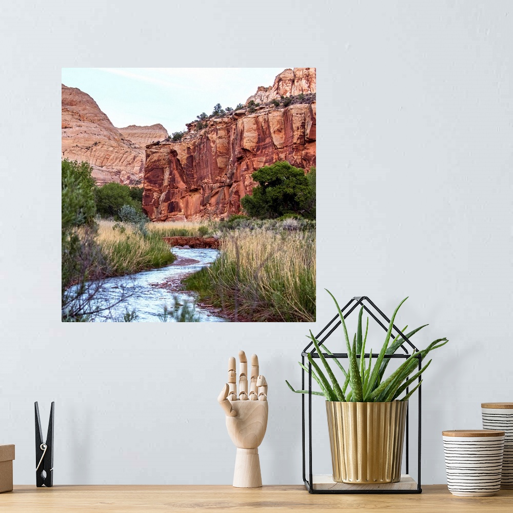 A bohemian room featuring The winding Fremont River along a trail at Capitol Reef National Park, Utah.