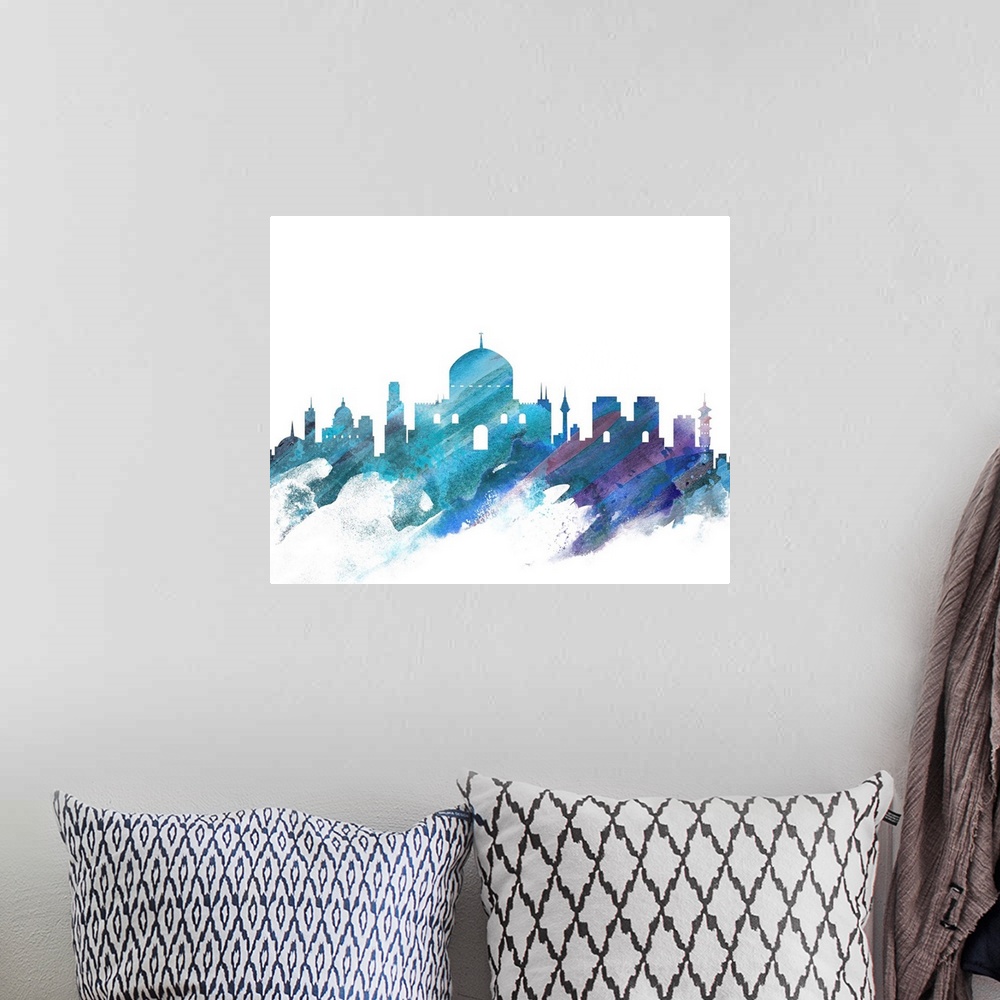 A bohemian room featuring Contemporary watercolor skyline of Jerusalem in blue and purple tones.