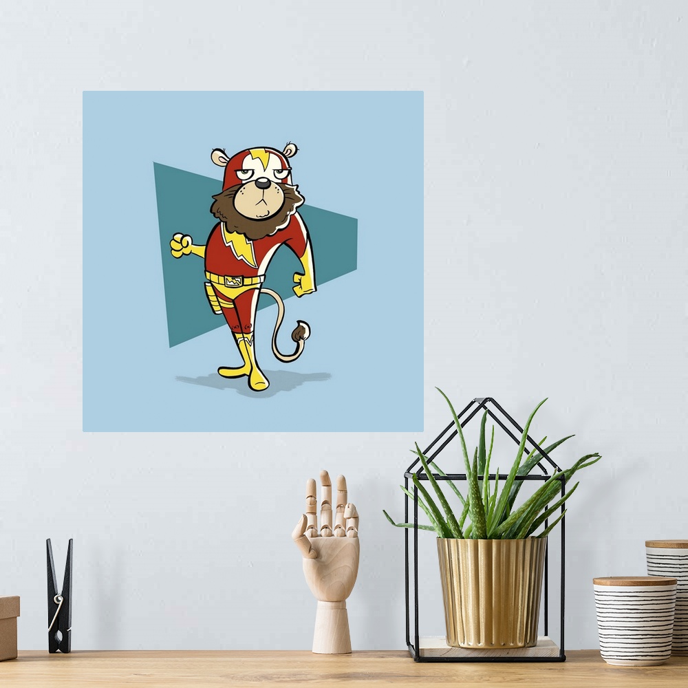 A bohemian room featuring A lion superhero with a mask, striking a pose.