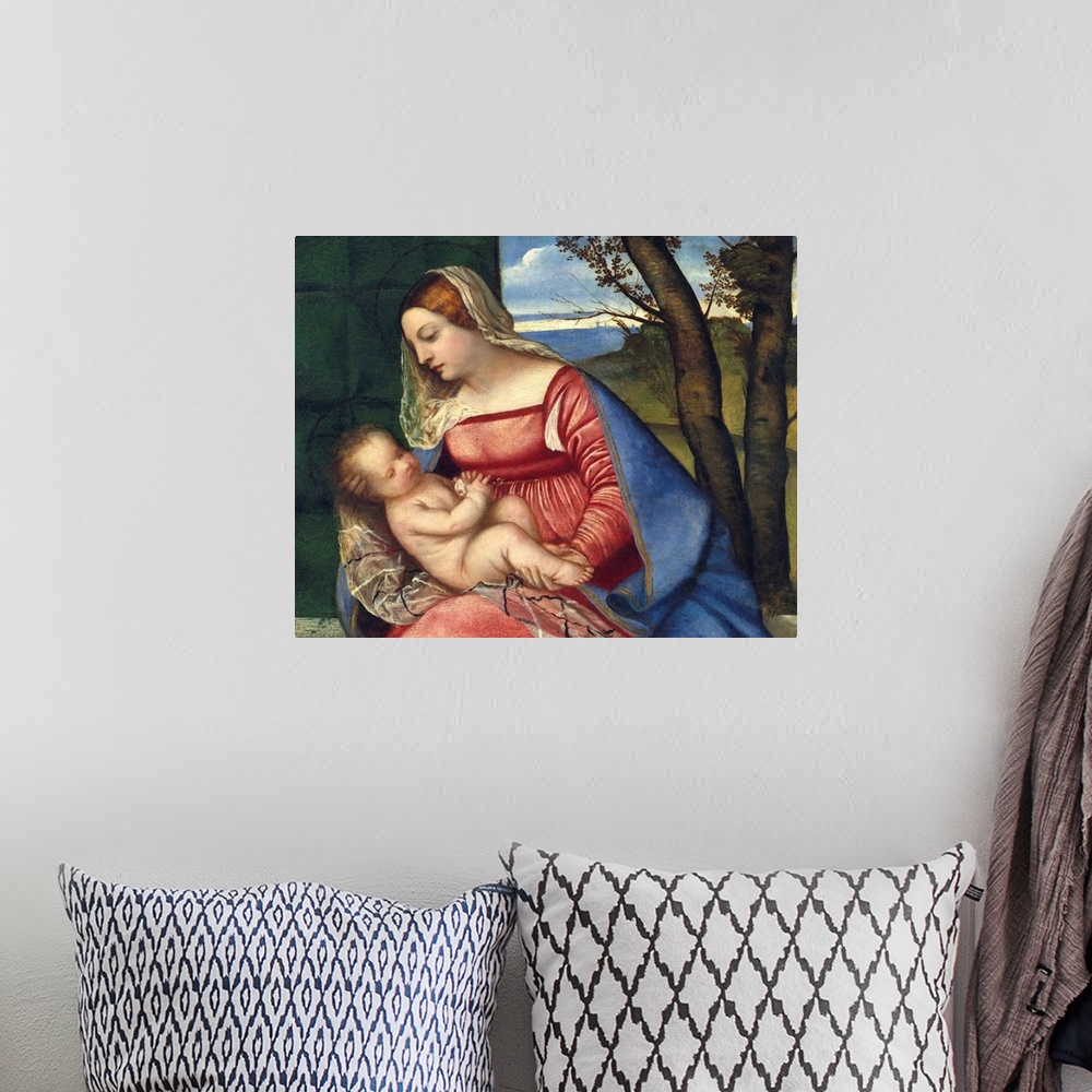 A bohemian room featuring This is among the earliest devotional paintings of the Madonna and Child by Titian, dating to abo...