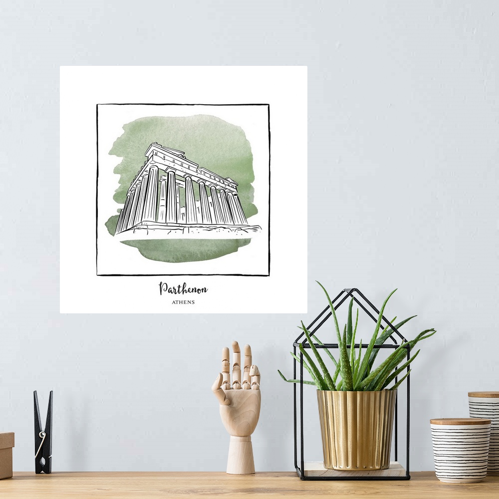 A bohemian room featuring An ink illustration of the Parthenon in Athens, Greece, with a green watercolor wash.