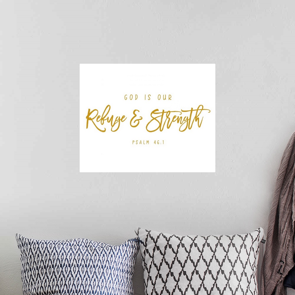 A bohemian room featuring Handlettered Bible verse reading God is our refuge and strength.