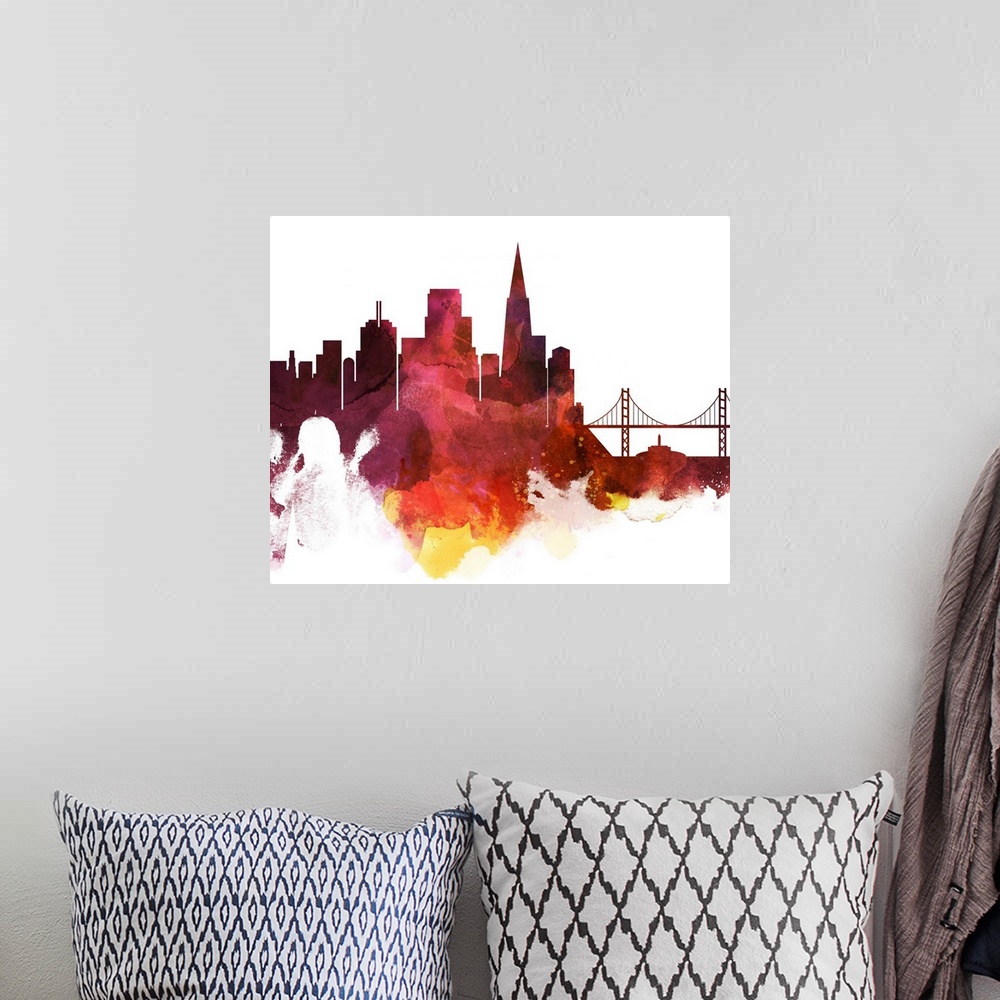 A bohemian room featuring The San Francisco city skyline in colorful watercolor splashes.