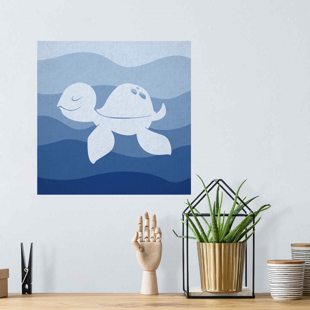 A bohemian room featuring Nursery art of a sea turtle swimming in blue waves.