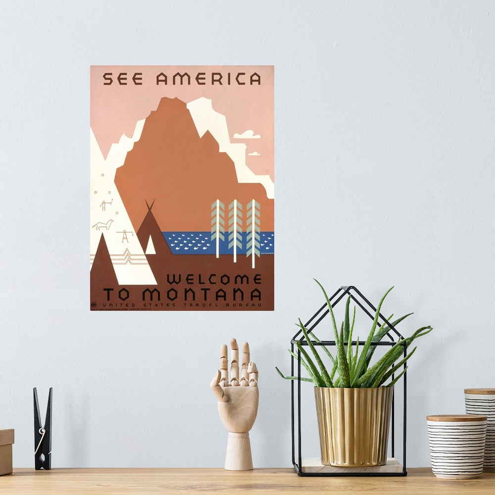 A bohemian room featuring See America, welcome to Montana. Poster for United States Travel Bureau promoting travel to Monta...
