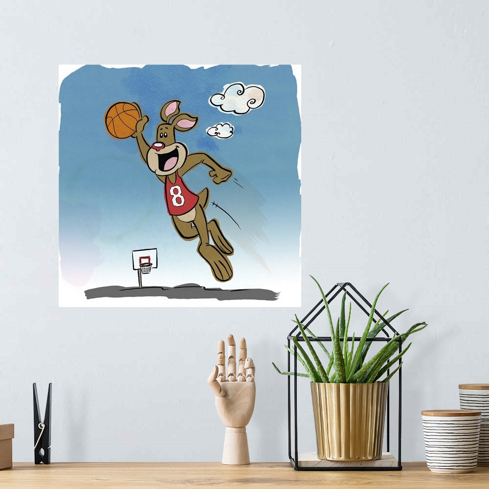 A bohemian room featuring Fun cartoon artwork of a kangaroo leaping into the air with a basketball.