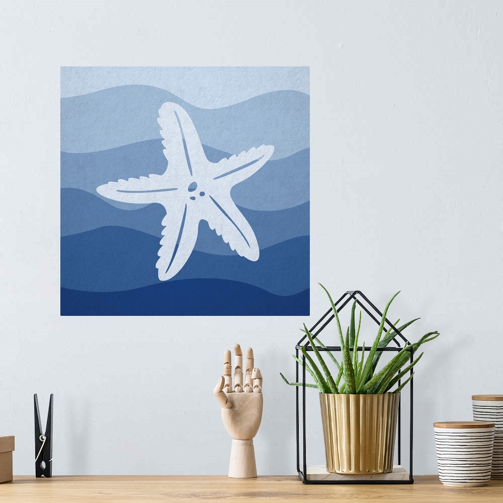 A bohemian room featuring Nursery art of a starfish swimming in blue waves.