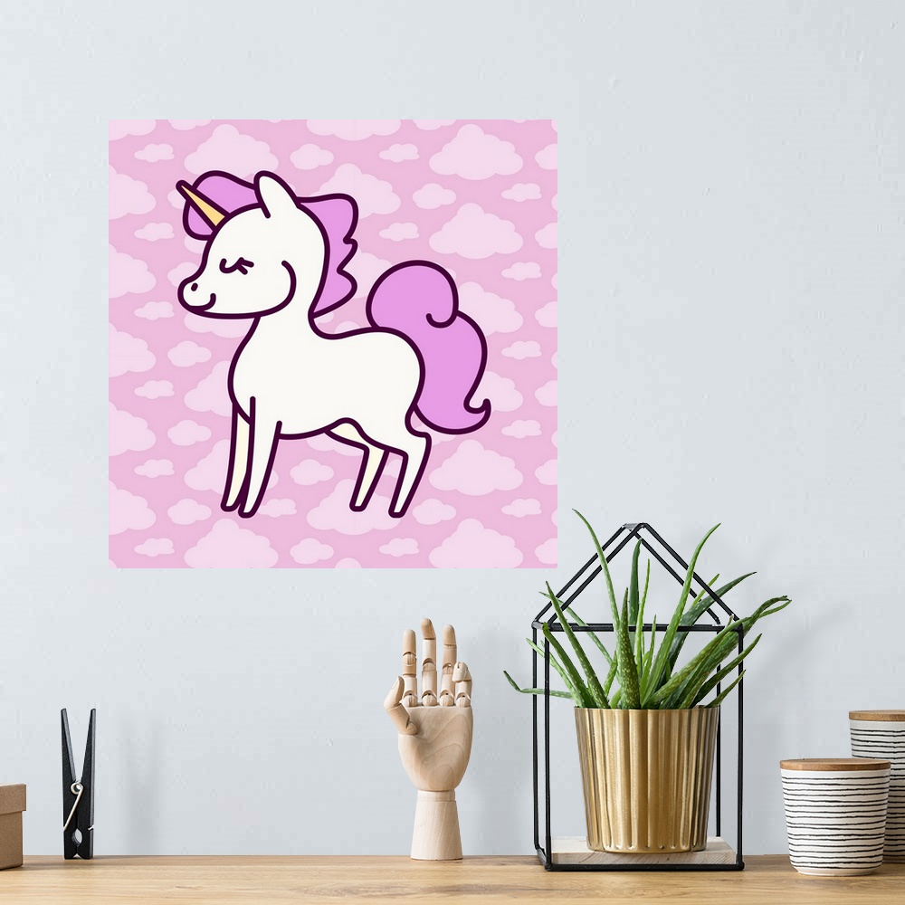 A bohemian room featuring Illustration of a dreamy unicorn with a pink mane over a cloud-patterned background.
