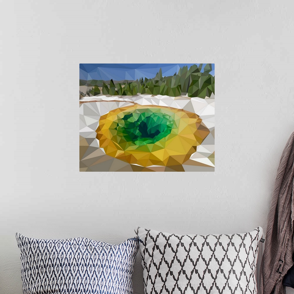 A bohemian room featuring A prismatic volcanic spring in Yellowstone National Park, Wyoming, rendered in a low-polygon style.