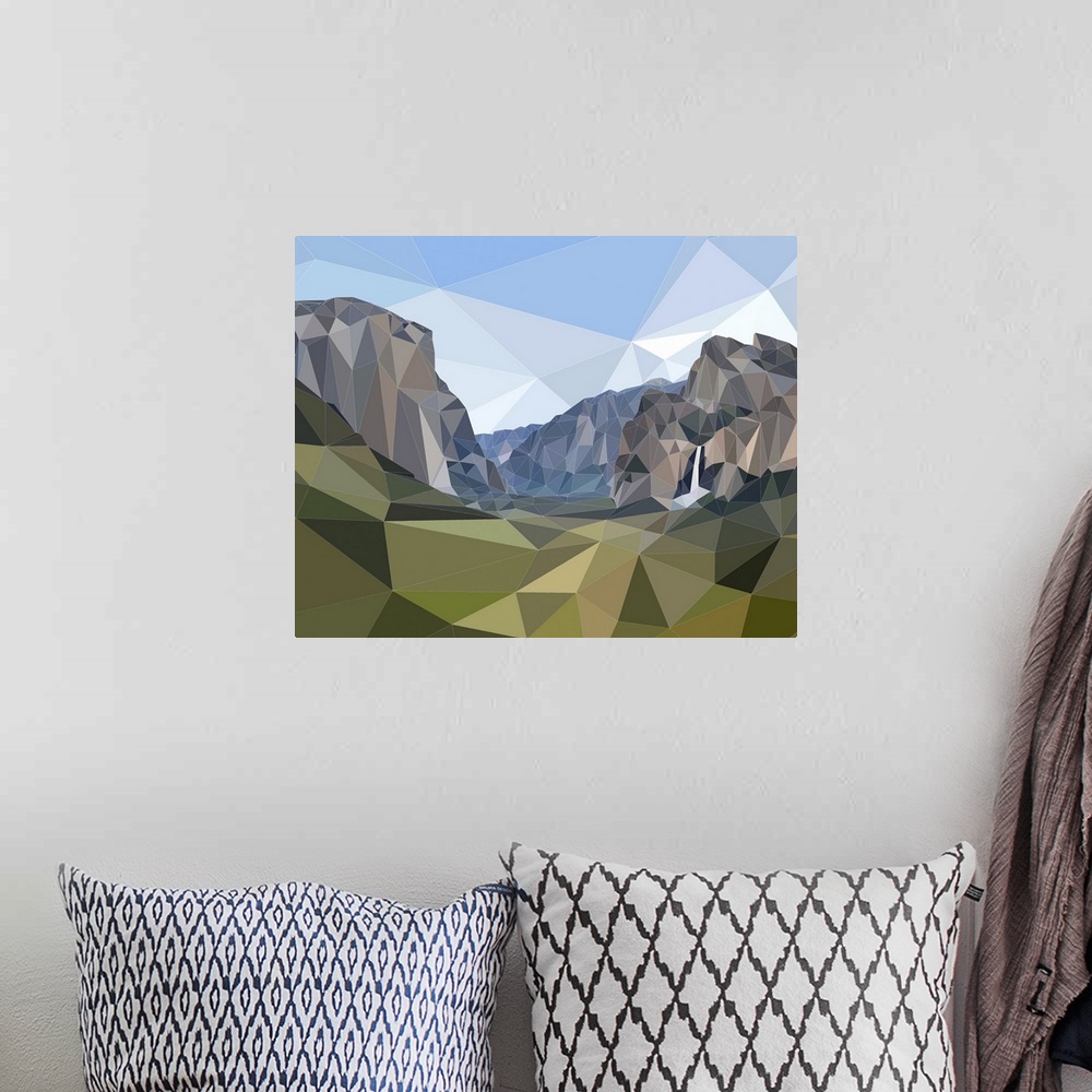 A bohemian room featuring Half Dome and Yosemite Falls in Yosemite National Park, California, rendered in a low-polygon style.