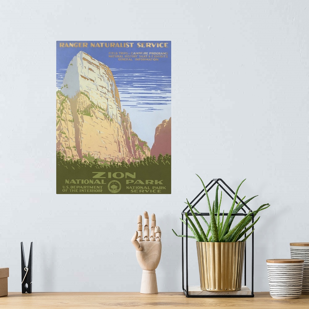 A bohemian room featuring Zion National Park, Ranger Naturalist Service. Poster shows view of a cliff at Zion National Park...