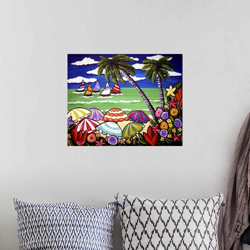 A bohemian room featuring Tropical beach scene with tons of color. Tropical flowers and palm trees frame sailboats which ar...