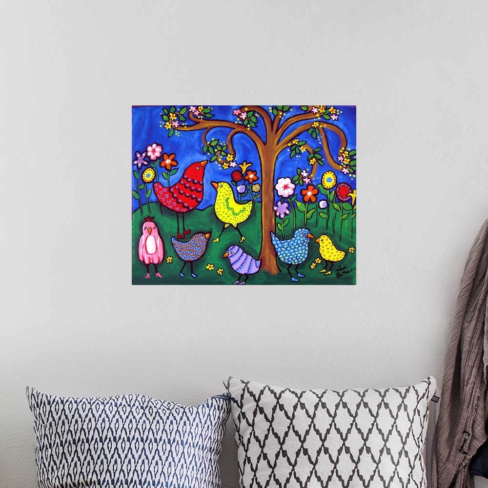 A bohemian room featuring Colorful, whimsical scene with funky birds and blooms, under a deep blue sky.
