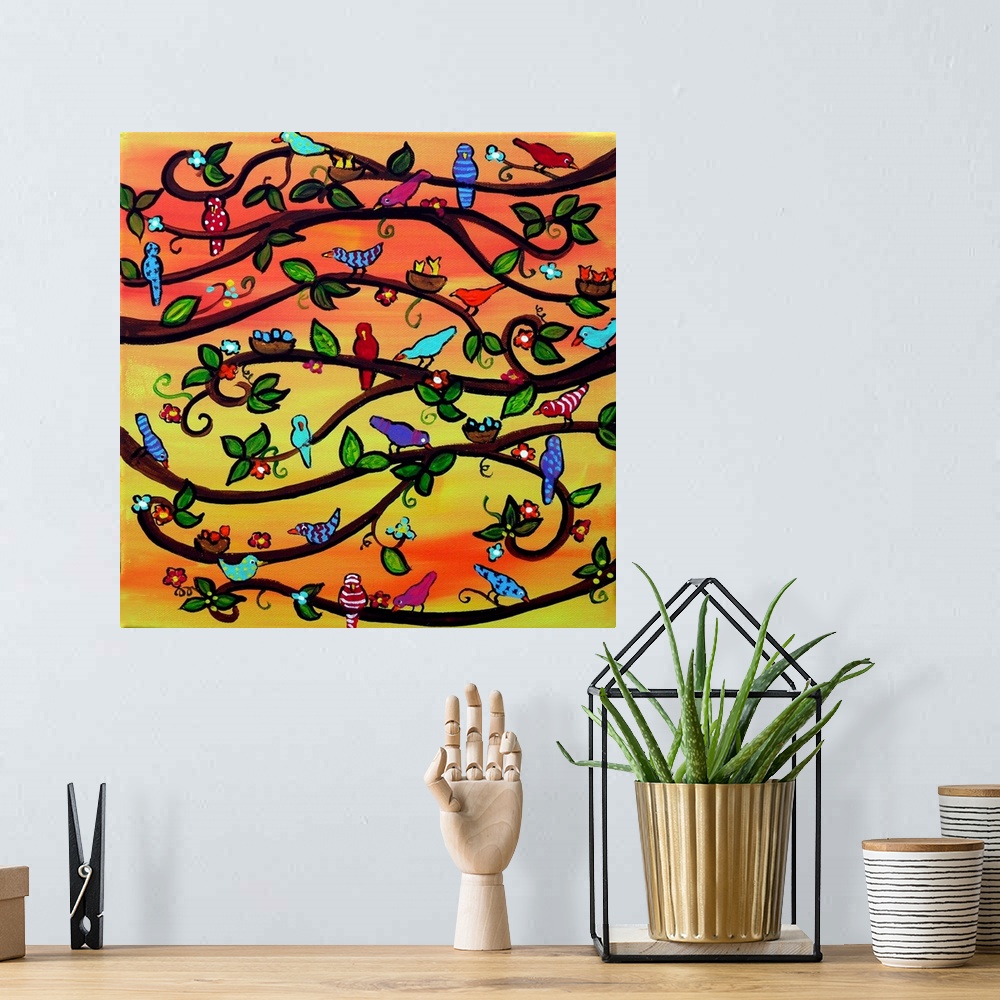 A bohemian room featuring Fun and funky scene with colorful birdies and blossoms against an orange and  yellow background.