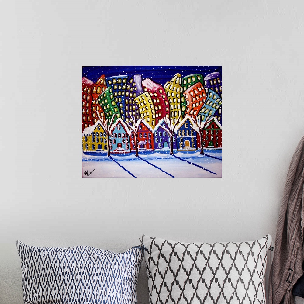 A bohemian room featuring Fun, funky colorful scene of a city neighborhood with the snow falling.