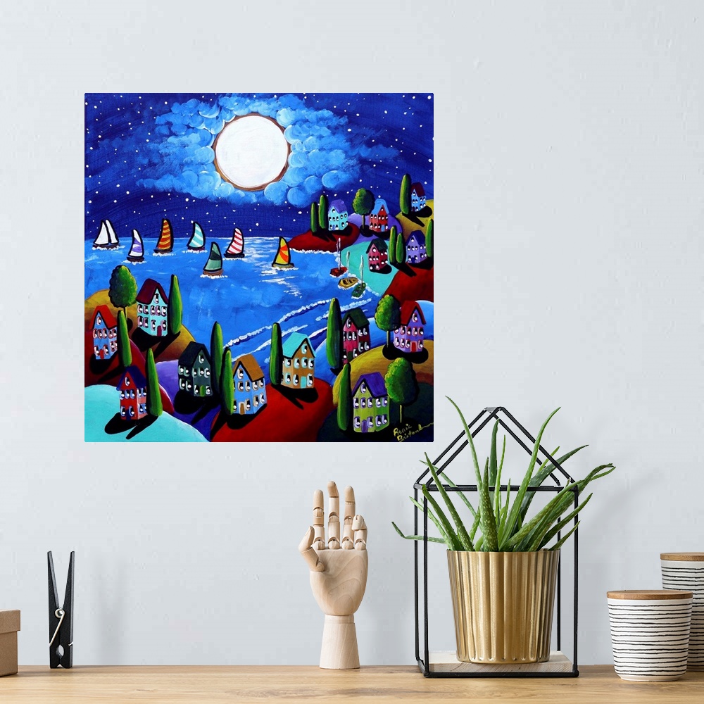 A bohemian room featuring Full moon is reflecting below, where colorful sailboats and whimsical houses are.