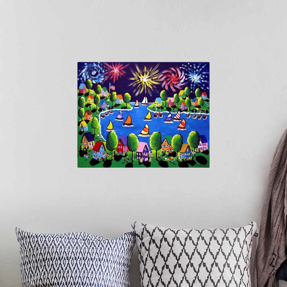 A bohemian room featuring Fun celebration in folk art style with fireworks going off overhead as people watch from the shor...