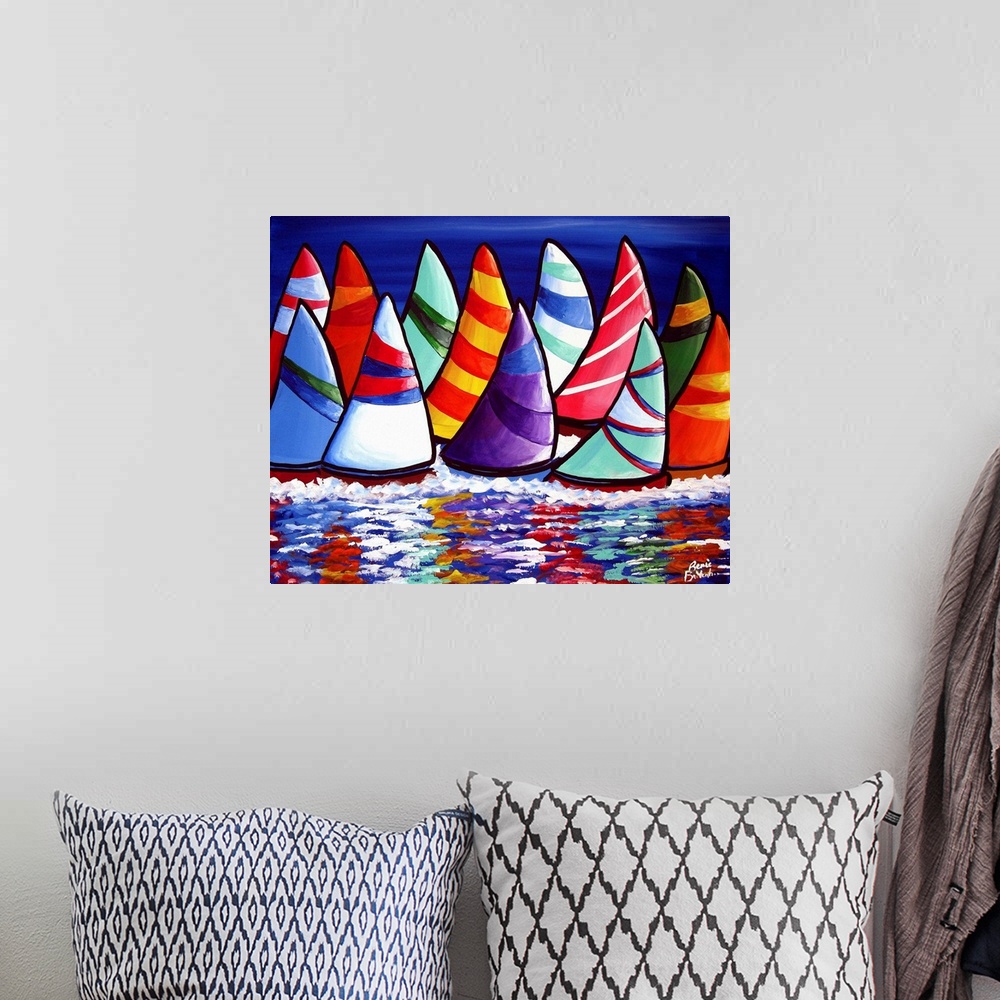 A bohemian room featuring Whimsical grouping of sailboats reflecting in the water.