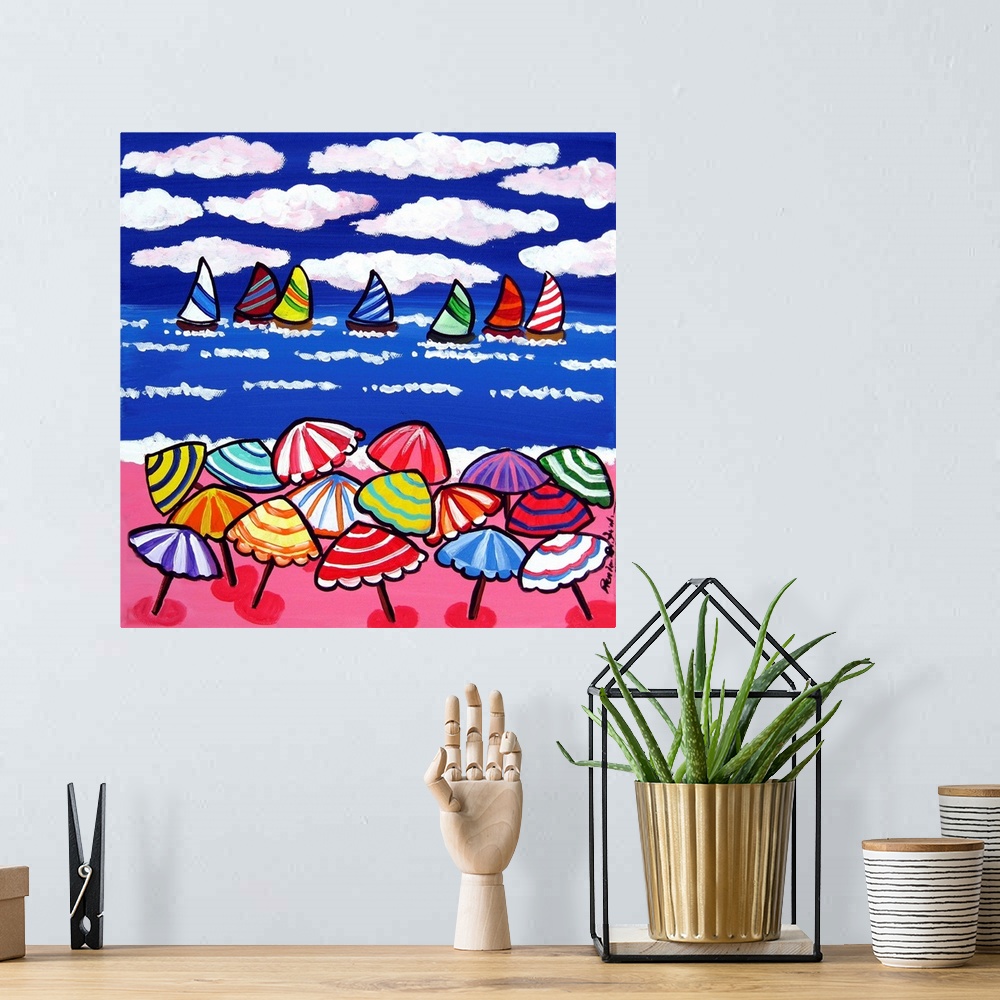 A bohemian room featuring Colorful umbrellas and sailboats in a whimsical beach scene.
