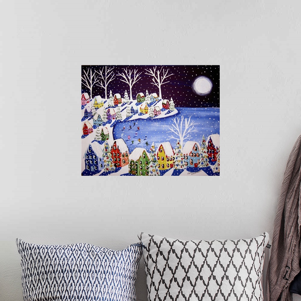 A bohemian room featuring Nice folk art piece with ice skaters, snow, whimsical houses, under a full moon.
