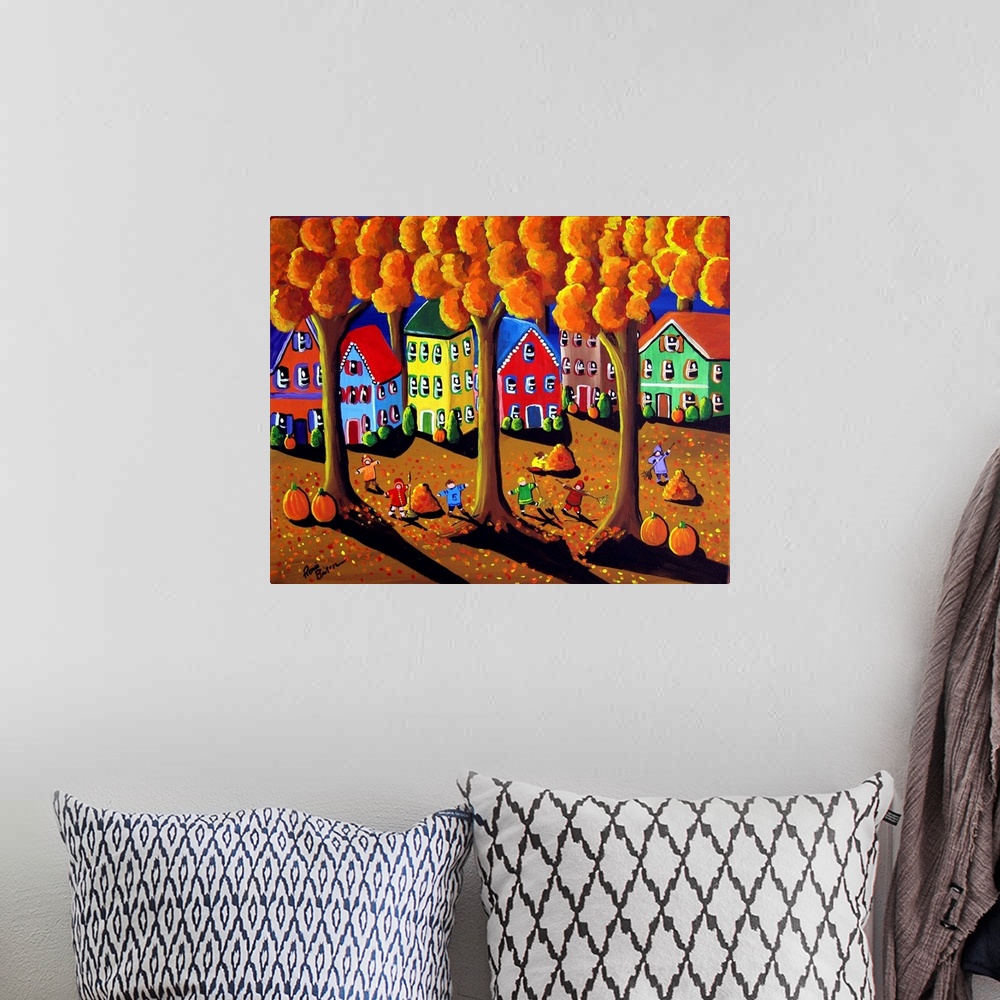 A bohemian room featuring Fun folk art piece with the neighborhood children who've gathered to rake leaves. They plan on ru...